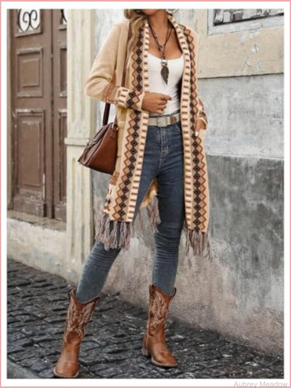 Boho Long Cardigan Sweater Western Fringe Duster Open Front Knit with Pocket - Picture 4 of 5